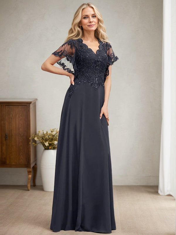 A-Linie V-Ausschnitt Bodenlanges Spitzen-Chiffon-Kleid für die Brautmutter mit Pailletten
