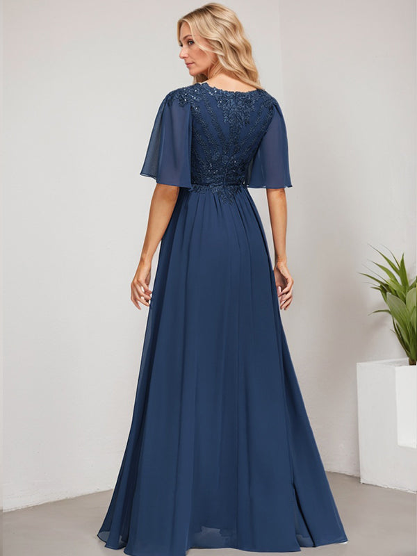 A-Linie V-Ausschnitt Bodenlanges Spitzen-Chiffon-Kleid für die Brautmutter mit Pailletten