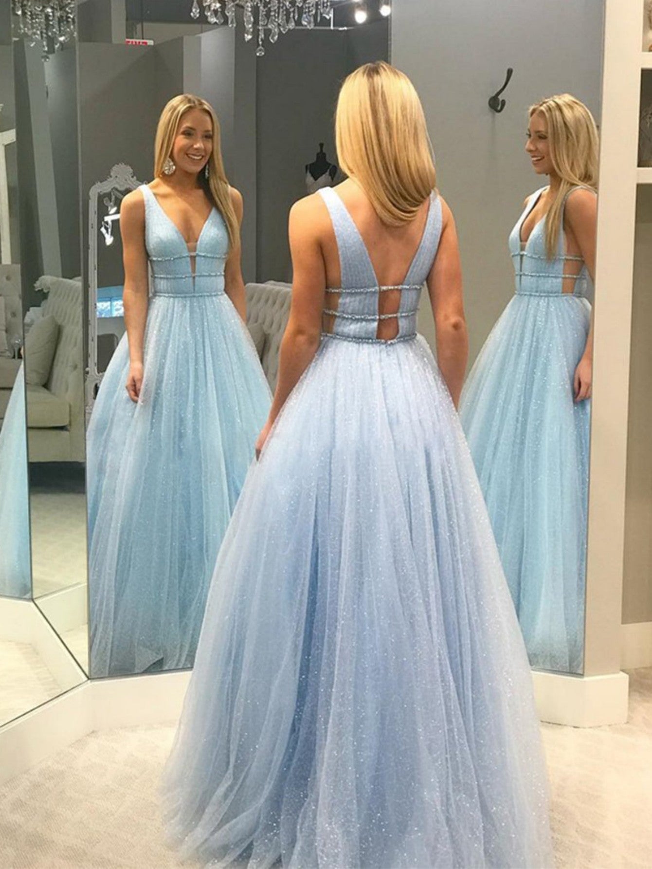 Roycebridal Alaiya | Vestido de fiesta de tul con brillo y escote en V en forma de A