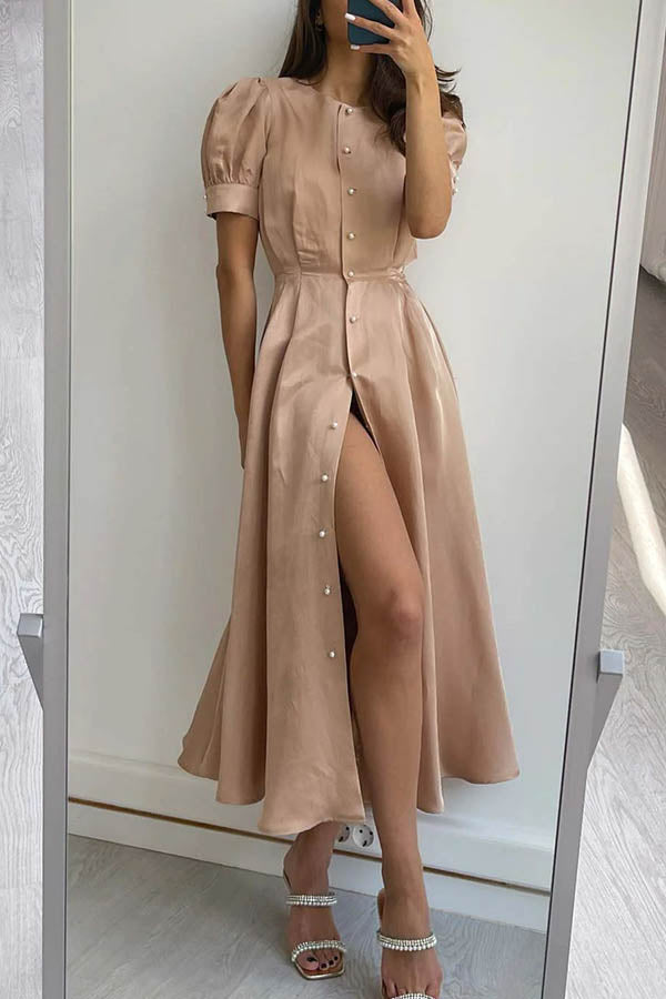 Schickes und klassisches Midikleid mit Puffärmeln, Perlenknöpfen und Schlitz