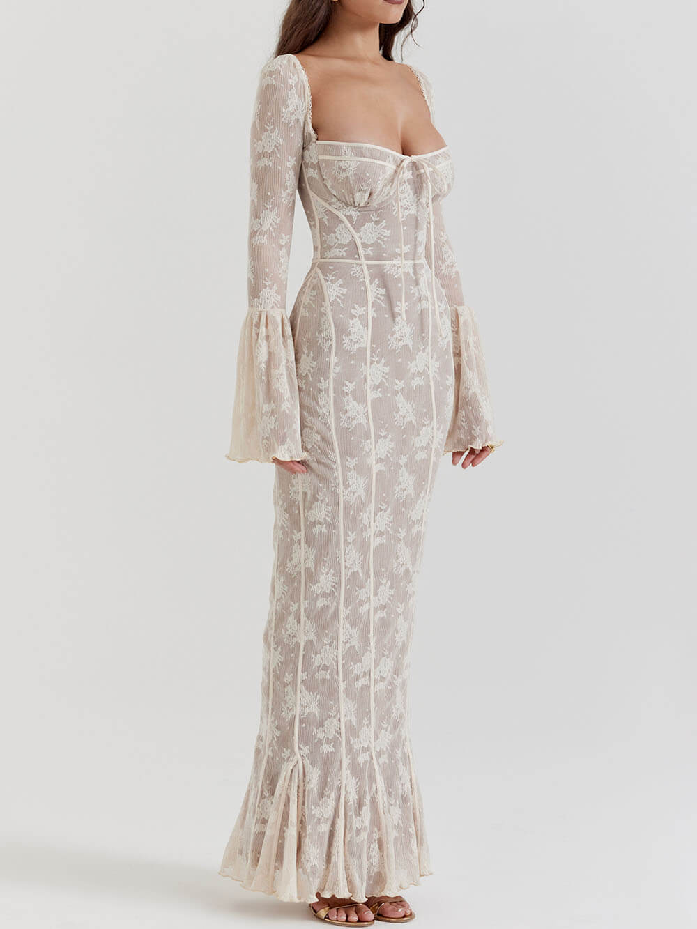 Vintage Creme Spitzen Maxikleid
