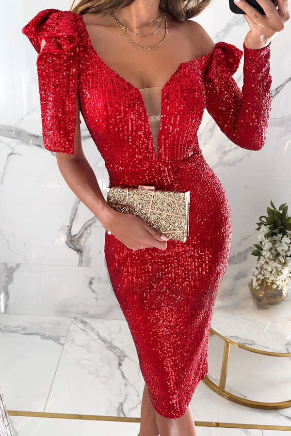 Unmöglich, ein Schulter-Midikleid aus Stretch-Material mit Pailletten und Rüschendesign zu ignorieren