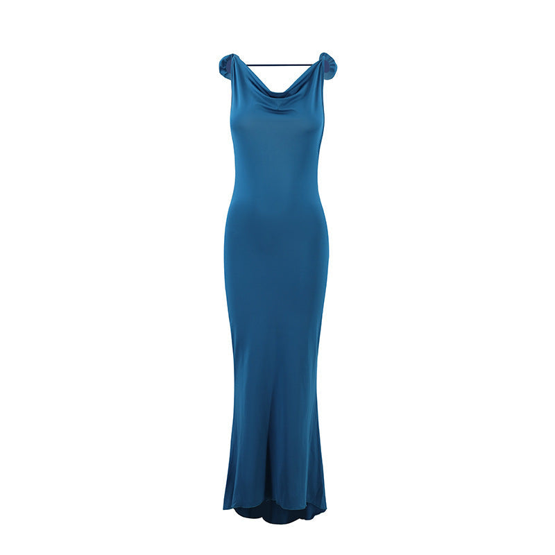 Damen Slim Fit Sexy Abendkleid Tiefer V-Ausschnitt Rückenfrei Blumenmuster Dekorativer Schultergurt Fischschwanzkleid