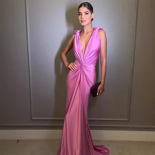 Vestido de fiesta de color liso sin espalda, sin mangas y con escote en V profundo