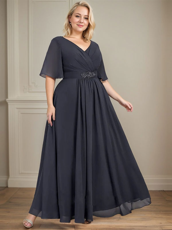 A-Linien-Kleid aus Chiffon mit V-Ausschnitt und Knöchellänge für die Brautmutter mit plissierten Perlen und Pailletten