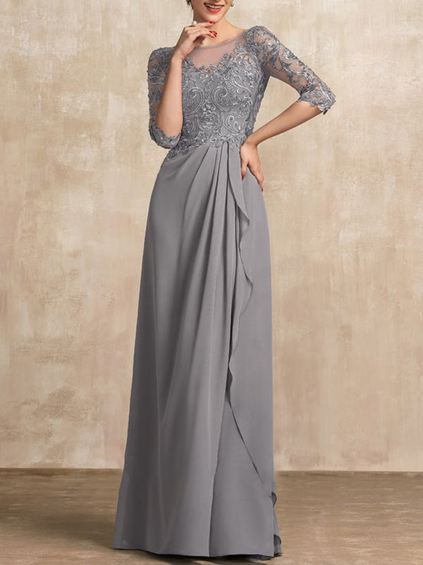 Vestido de madre de la novia de gasa con encaje, corte A, ilusión, largo hasta el suelo, con lentejuelas y abalorios y volantes en cascada