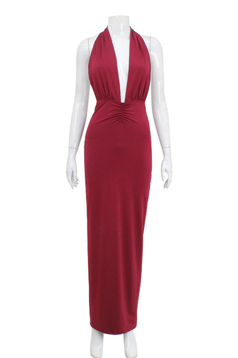 Vestidos de noche sexys de color sólido con espalda descubierta y fruncido