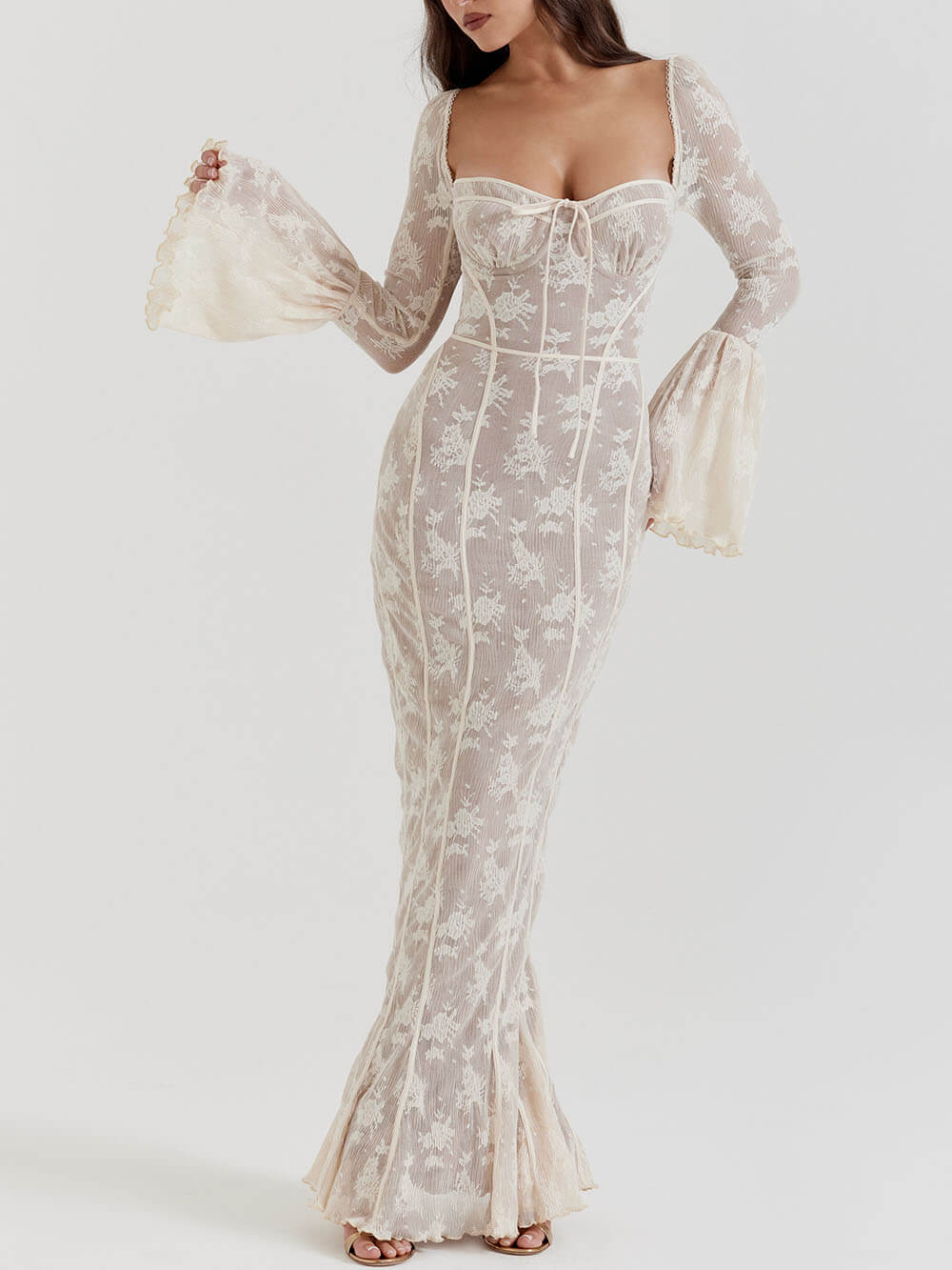 Vintage Creme Spitzen Maxikleid