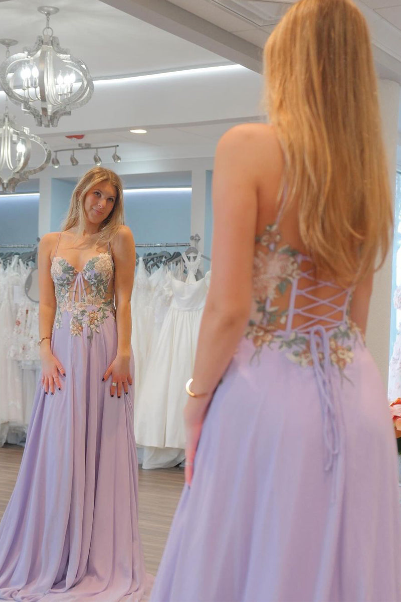 Lila Herzausschnitt Chiffon Lange Ballkleider mit Applikationen