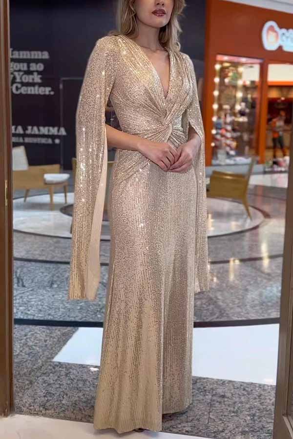 Shine Brighter – Maxi-Abendkleid mit Pailletten und Cape-Ärmeln und überkreuzter Taille