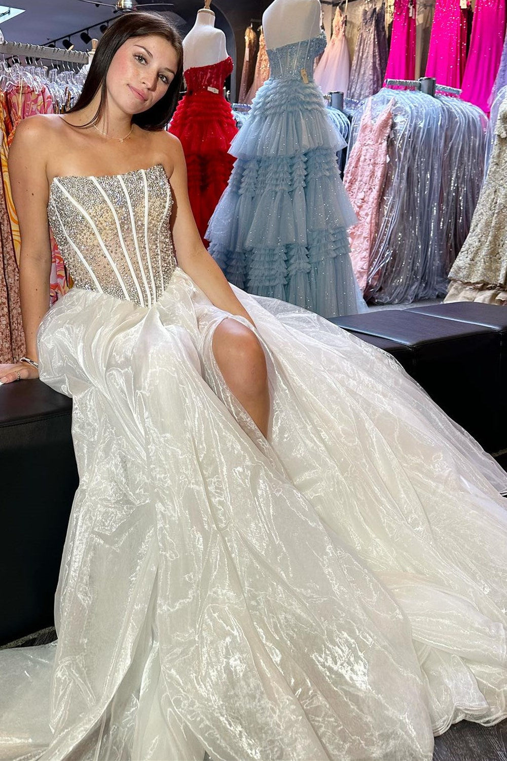 Roycebridal Brianna | Vestido de fiesta de organza con corsé ruborizado, sin tirantes y corte A