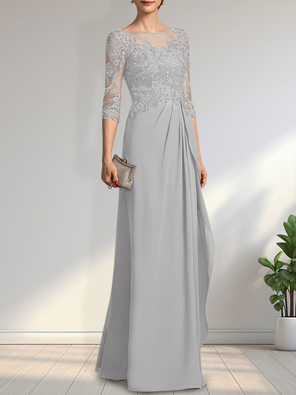 Vestido de madre de la novia de gasa con encaje, corte A, ilusión, largo hasta el suelo, con lentejuelas y abalorios y volantes en cascada