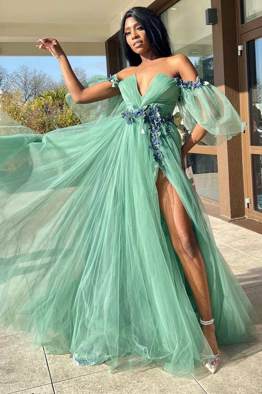 Schulterfreies, langes A-Linien-Ballkleid aus Tüll mit 3D-Blumenspitze