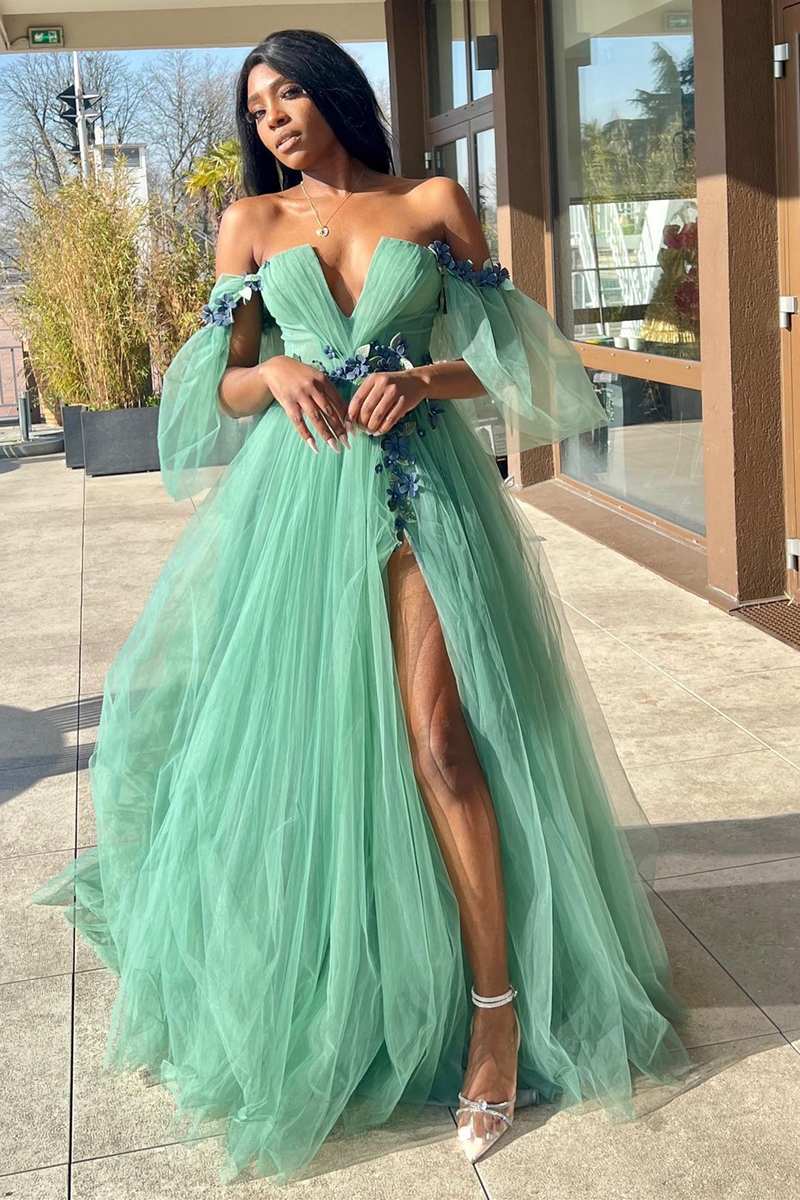 Schulterfreies, langes A-Linien-Ballkleid aus Tüll mit 3D-Blumenspitze
