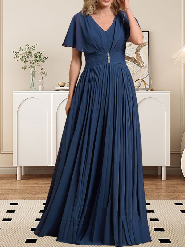 A-Linie V-Ausschnitt Bodenlang Chiffon Mutter der Braut Kleid Mit Kristall Brosche Plissee