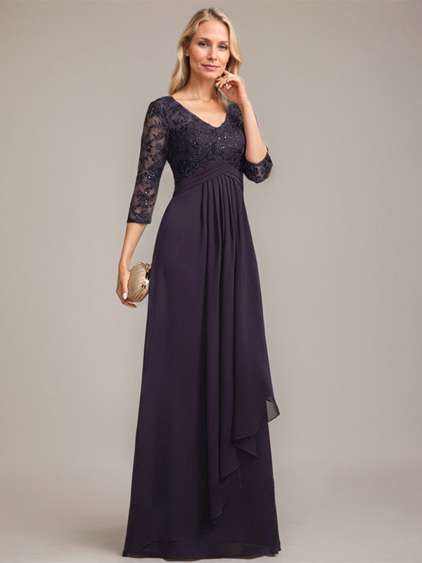 A-Linie, V-Ausschnitt, bodenlanges Chiffon-Kleid für die Brautmutter mit kaskadierenden Rüschen und Pailletten