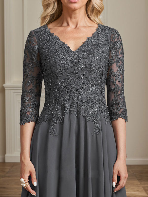 A-Linie, V-Ausschnitt, knielang, Chiffon, Spitze, Kleid für die Brautmutter mit Perlen und Pailletten
