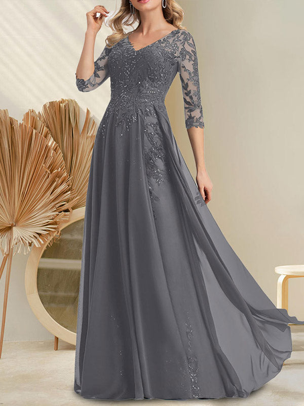 A-Linie V-Ausschnitt Bodenlanges Spitzen-Chiffon-Kleid für die Brautmutter mit Pailletten
