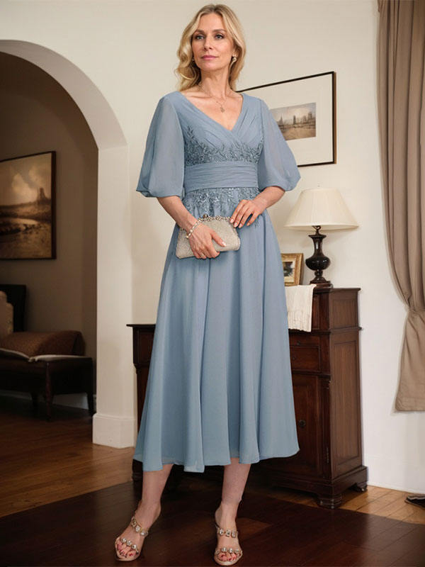 A-Linie V-Ausschnitt Wadenlanges Chiffon-Kleid für die Brautmutter mit Plissee