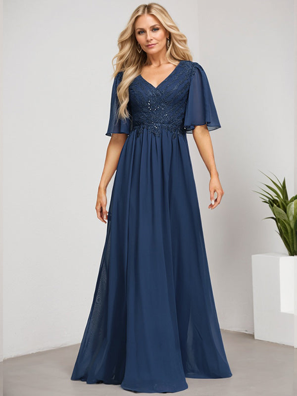 A-Linie V-Ausschnitt Bodenlanges Spitzen-Chiffon-Kleid für die Brautmutter mit Pailletten