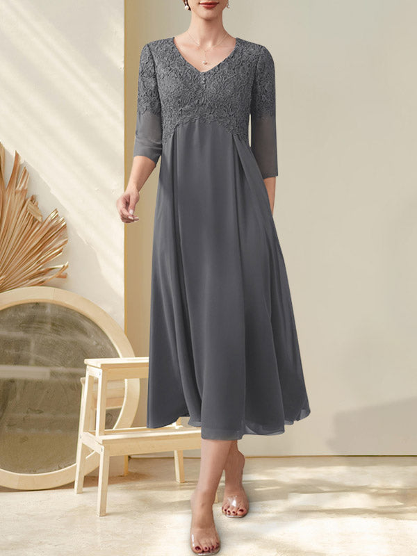 A-Linie V-Ausschnitt Wadenlang Chiffon Spitze Kleid für die Brautmutter mit Perlenbesatz