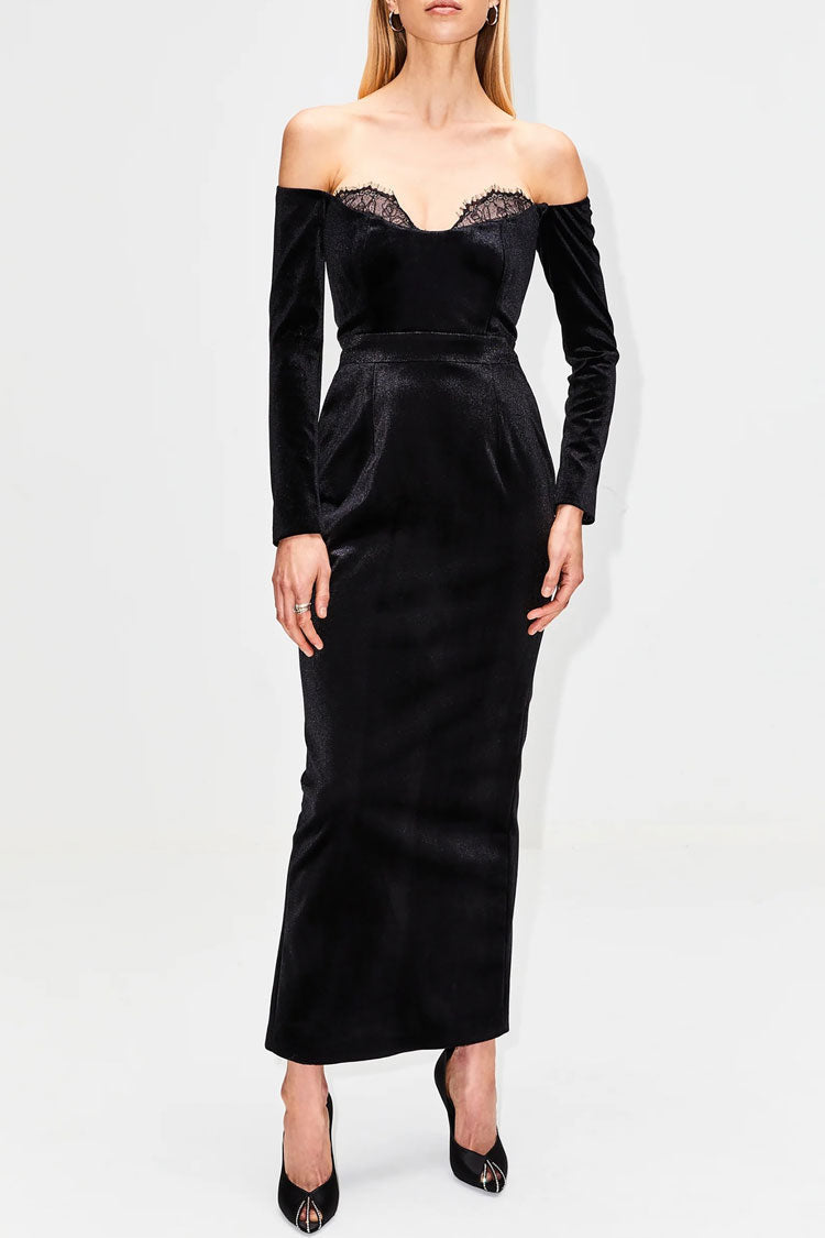 Vestido de noche maxi de terciopelo ajustado con hombros descubiertos y manga larga estilo vintage