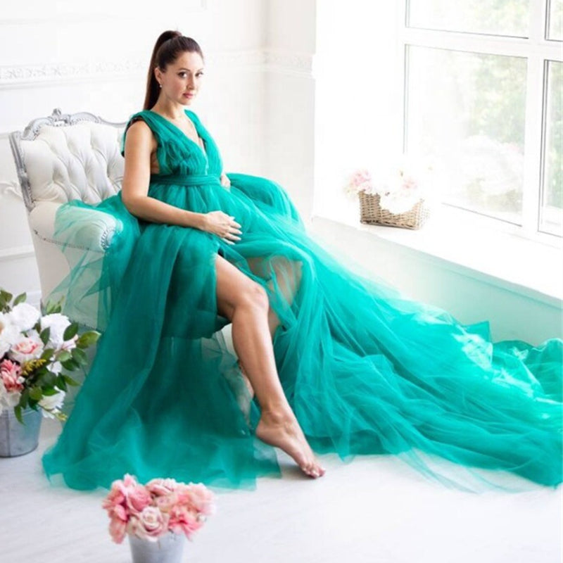 6136#V-neck high split big belly dress, tulle maternity dress, draped long mesh pregnancy evening dress
