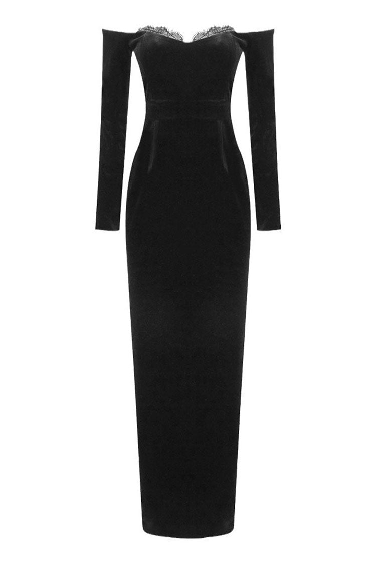 Vestido de noche maxi de terciopelo ajustado con hombros descubiertos y manga larga estilo vintage