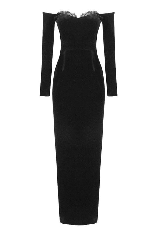 Vintage Wimpern Off Shoulder Langarm Bodycon Samt Maxi Abendkleid