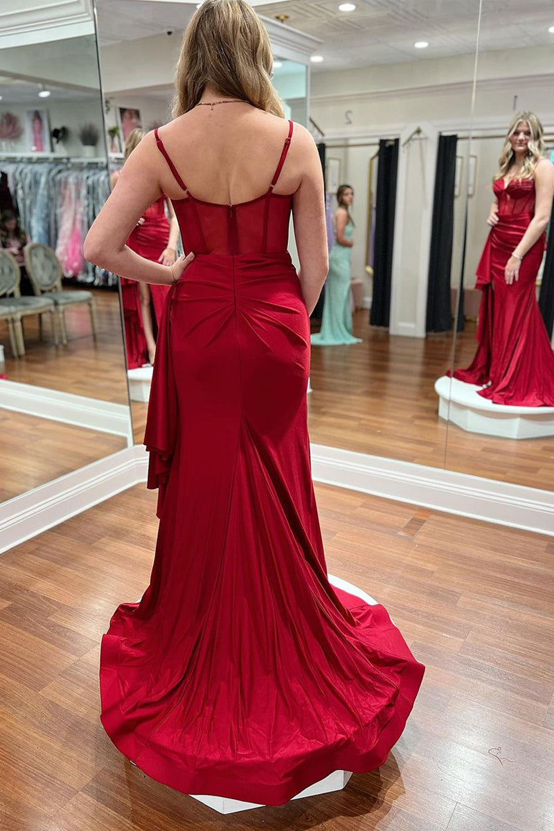 Vestidos de fiesta largos de sirena de satén con escote corazón y abertura