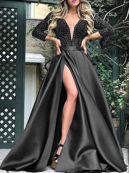 Damenkleider Bronzing V-Ausschnitt Bankett Schlitz Abendkleid