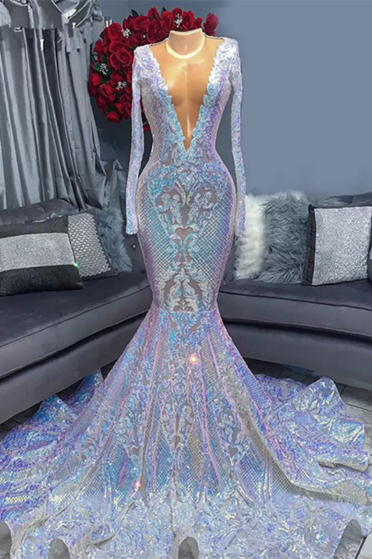 Vestido de fiesta de sirena con lentejuelas, manga larga, escote en V y largo hasta el suelo