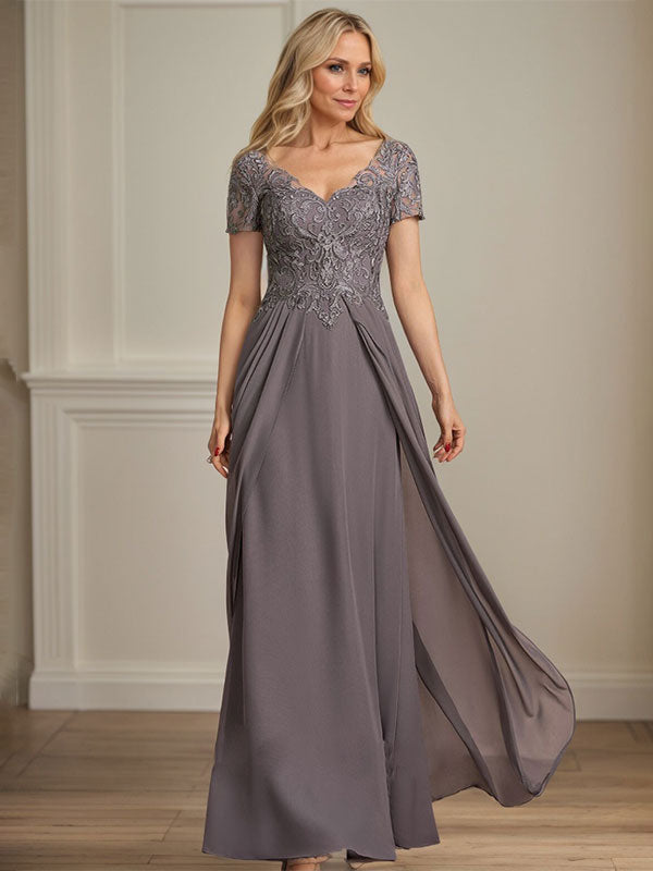 A-Linie V-Ausschnitt Bodenlanges Chiffon-Spitzenkleid für die Brautmutter