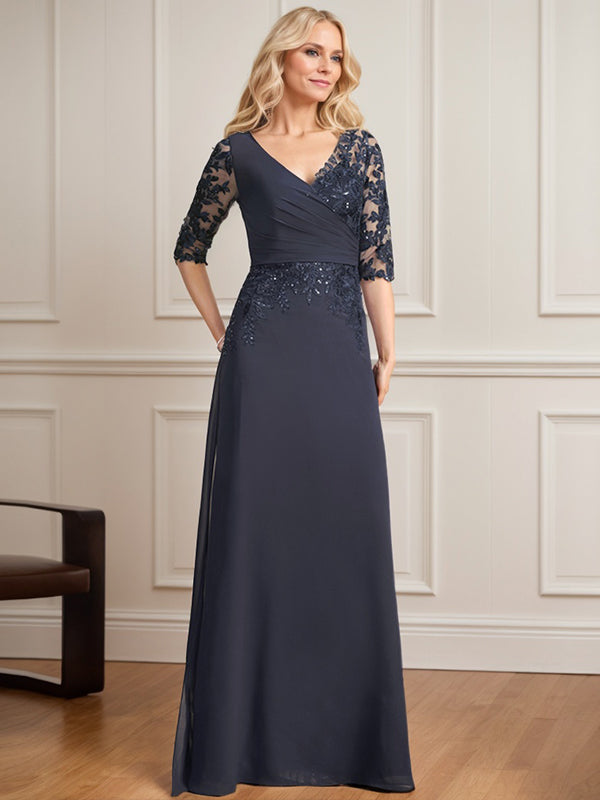 A-Linie, V-Ausschnitt, bodenlanges Spitzen-Chiffon-Kleid für die Brautmutter mit plissierten Pailletten