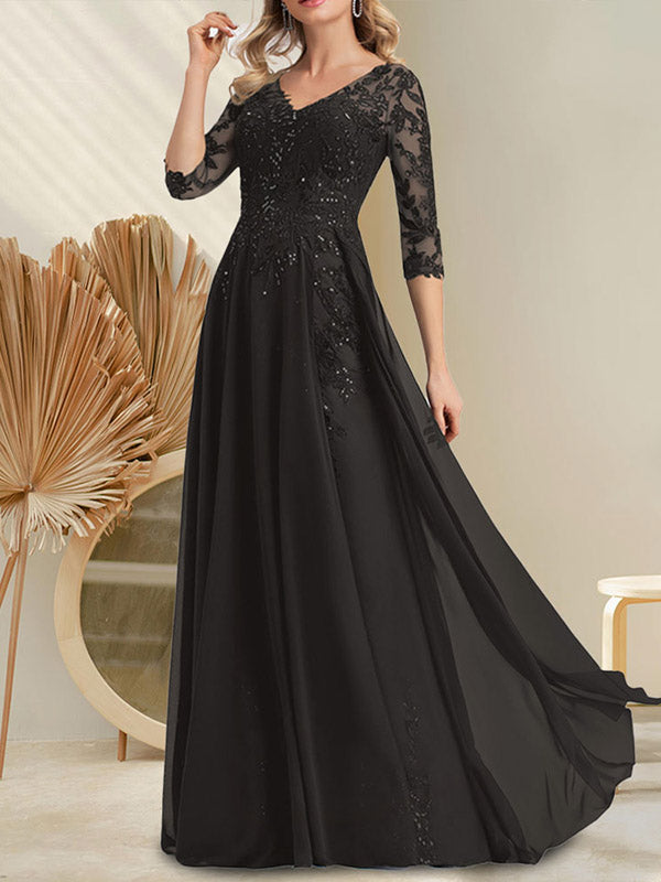 A-Linie V-Ausschnitt Bodenlanges Spitzen-Chiffon-Kleid für die Brautmutter mit Pailletten