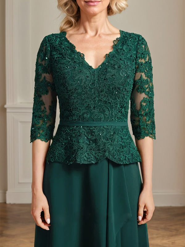 A-Linie, V-Ausschnitt, bodenlanges Chiffon-Kleid für die Brautmutter mit kaskadierenden Rüschen und Pailletten