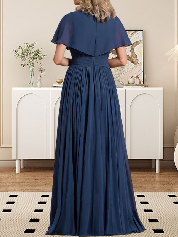 A-Linie V-Ausschnitt Bodenlang Chiffon Mutter der Braut Kleid Mit Kristall Brosche Plissee