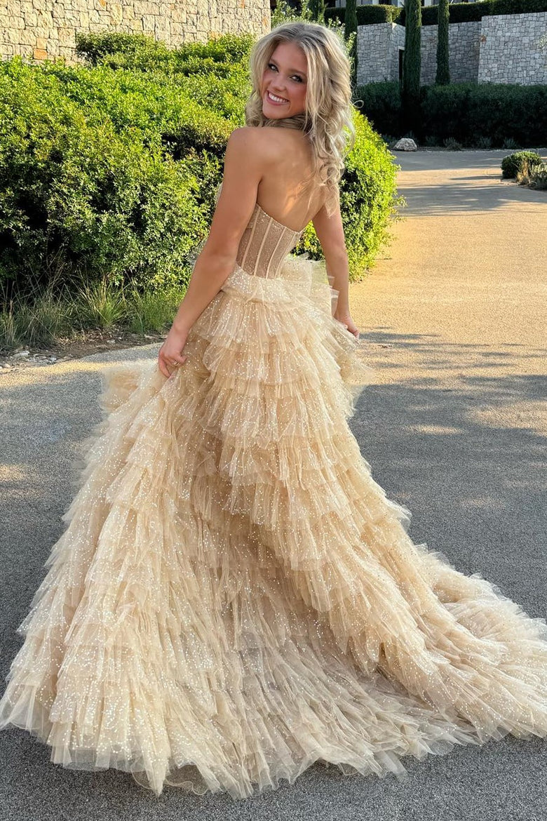 Roycebridal Aubriella | Vestido de fiesta de tul brillante con volantes, corte A y corsé sin tirantes