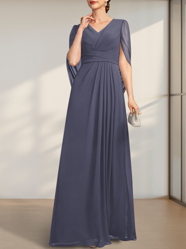 A-Linie V-Ausschnitt Bodenlang Chiffon Kleid für die Brautmutter mit Plissee