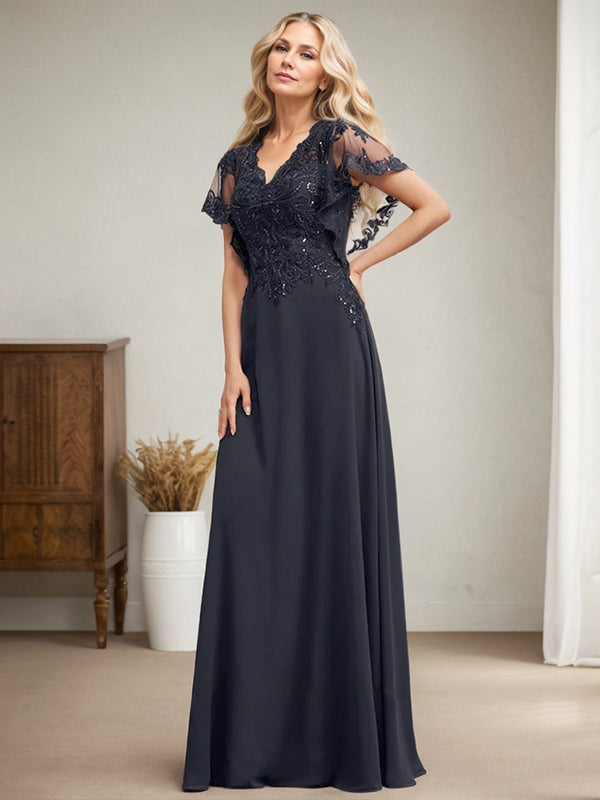 A-Linie V-Ausschnitt Bodenlanges Spitzen-Chiffon-Kleid für die Brautmutter mit Pailletten