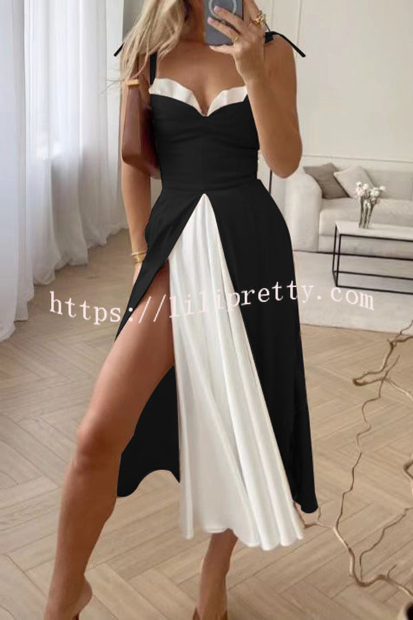 Vestido midi elegante con tirantes y aberturas en contraste y patchwork para toda la noche