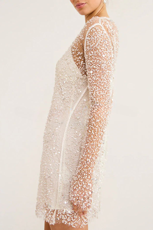 Minikleid aus glitzerndem und glänzendem Pailletten- und Perlenstoff mit separatem Unterkleid