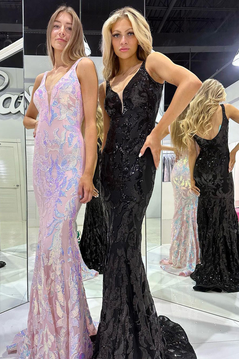 Vestido de fiesta largo de sirena con escote en V y encaje con lentejuelas