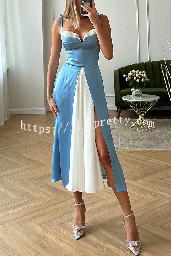 Vestido midi elegante con tirantes y aberturas en contraste y patchwork para toda la noche
