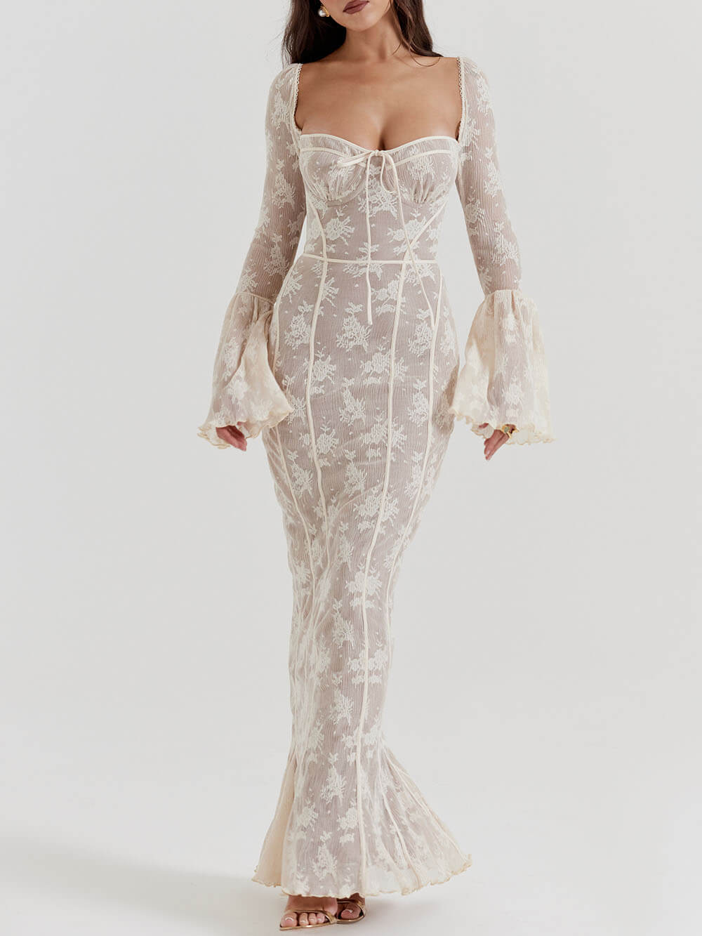 Vintage Creme Spitzen Maxikleid