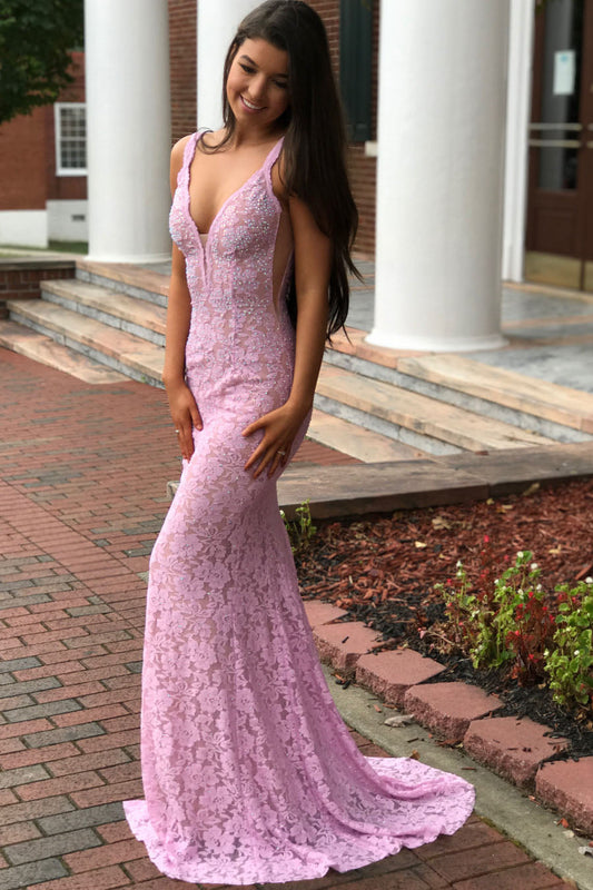 Elegante vestido de fiesta de sirena con escote en V y encaje rosa