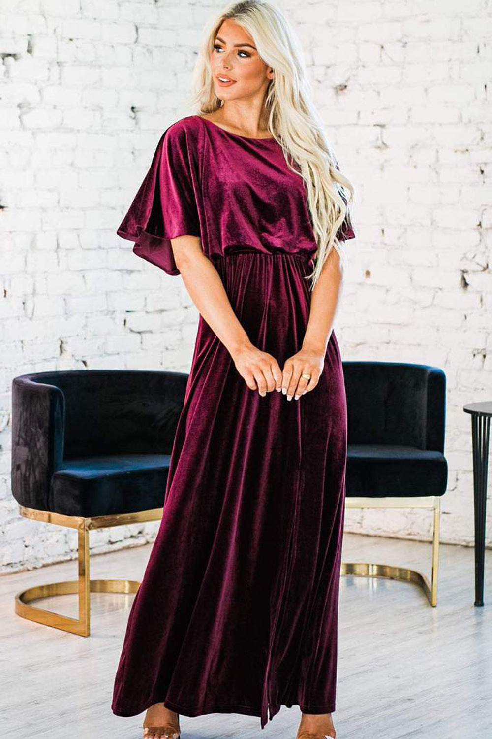 Damenbekleidung Frühling Sommer Sexy Elegantes Kleid Gold Samt Rundhalsausschnitt Hochgeschlitztes Abendkleid für Damen
