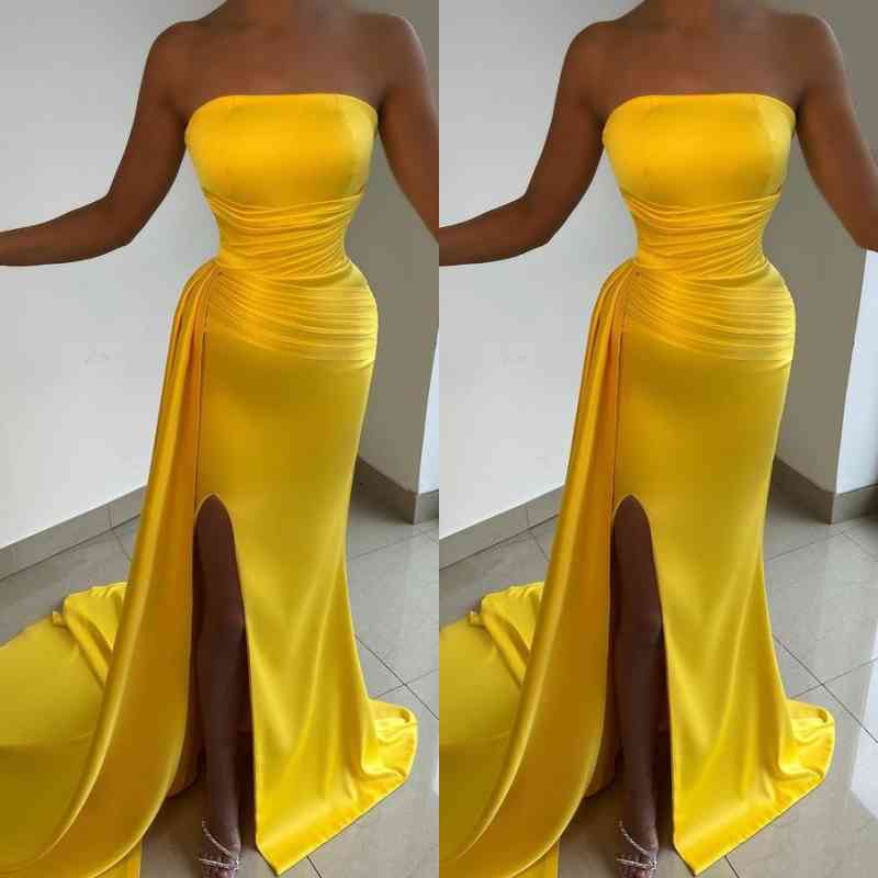 Yellow Long Strapless Sleeveless Satin Mermaid Prom Dresses with Slit