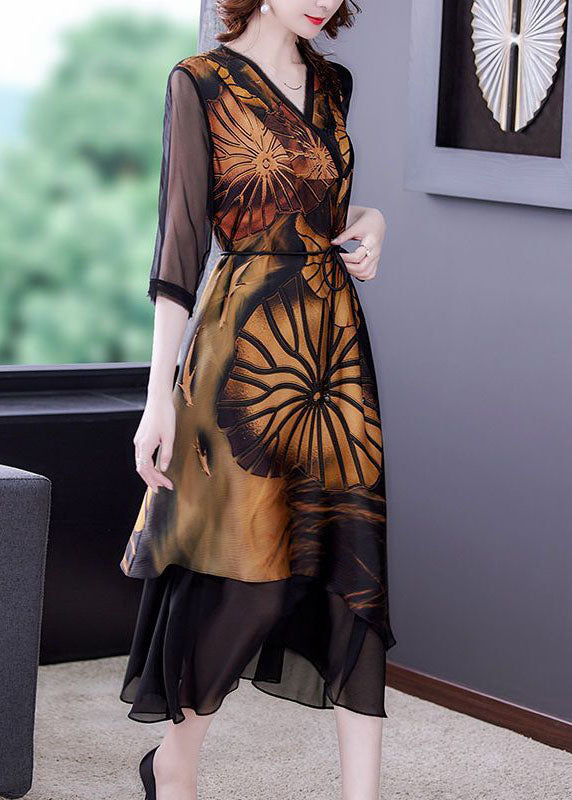 Frauen Schwarz Asymmetrische Patchwork Print Seide Kleid Sommer