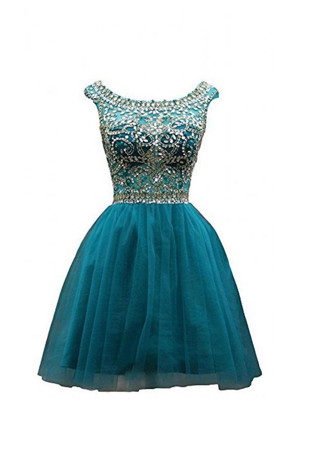 Green Beaded Tulle Scoop Neckline A Line Homecoming Dresses for Girls